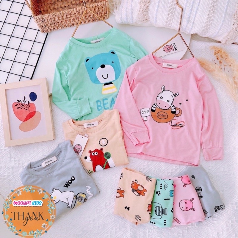 Bộ dài tay thun lạnh in động vật dễ thương cho bé trai bé gái 8-18kg
