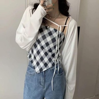 Set Áo Thun Trắng croptop mix Yếm cột nơ lưng🎀