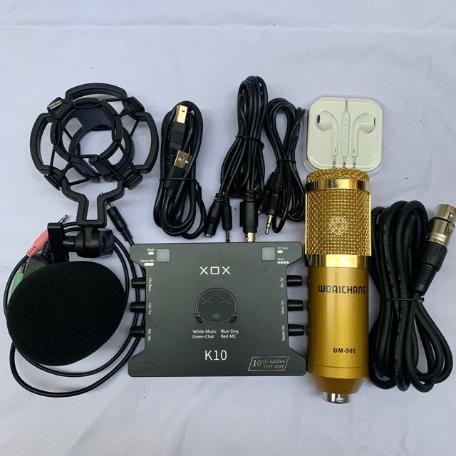 COMBO BỘ MIC HÁT THU ÂM LIVESTREAM 3 MÓN MIC BM900-SOUND CARD XOX K10 BẢN 2020 mới nhất kèm tai nhét tai