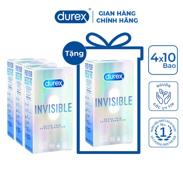 [BAO CAO SU MỎNG NHẤT THẾ GIỚI] Bộ 3 hộp + tặng 1h Bao cao su DUREX INVISIBLE  mỏng, an toàn, uy tín ( 10bao/ 1 hộp bcs)