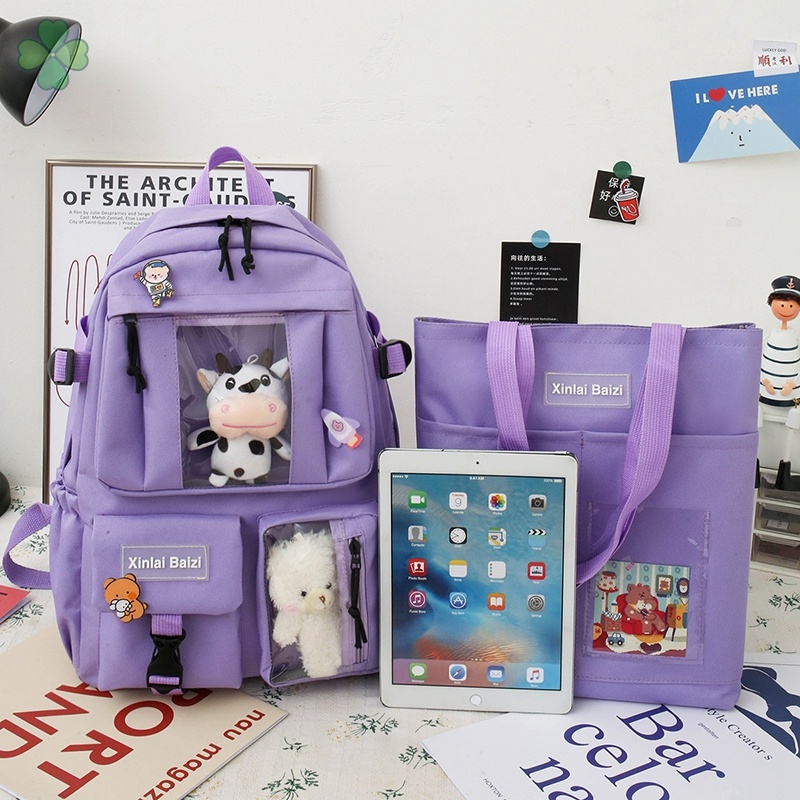 Set Ba Lô 5 Món Túi Xách Ví Canvas Màu Trơn In Hình Hoạt Hình Dễ Thương Trọng Lượng Nhẹ Thời Trang Cho Nữ