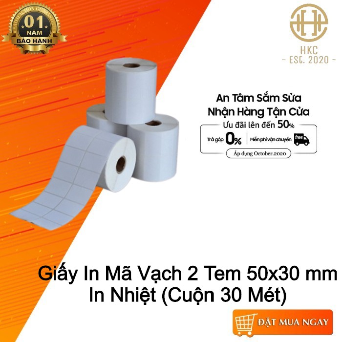 Giấy In Mã Vạch 2 Tem 50x30 mm In Nhiệt (Cuộn 30 Mét)