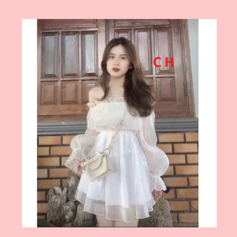 [Quà tặng viên kẹo]Váy Trễ Vai Bánh Bèo🎀 Đầm Dự Tiệc rớt Vai Màu Trắng🎀Lệch vai dài tay tiểu thư 2 lớp vintage dáng ngắn | BigBuy360 - bigbuy360.vn