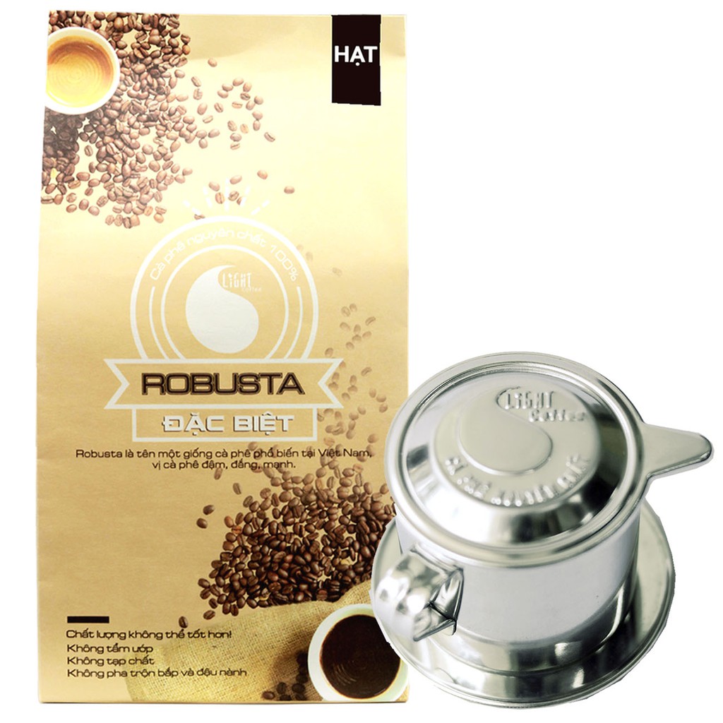 Combo phin pha cà phê inox cao cấp và cà phê hạt nguyên chất 100% Robusta đặc biệt Light Coffee 500gr