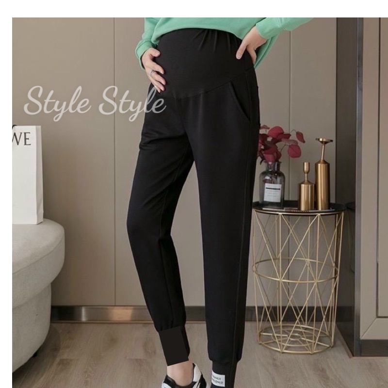 Quần bầu TĂM NHUNG bo gấu tem chữ siêu ấm áp mùa đông cho mẹ bầu thoải mái năng động QB1282