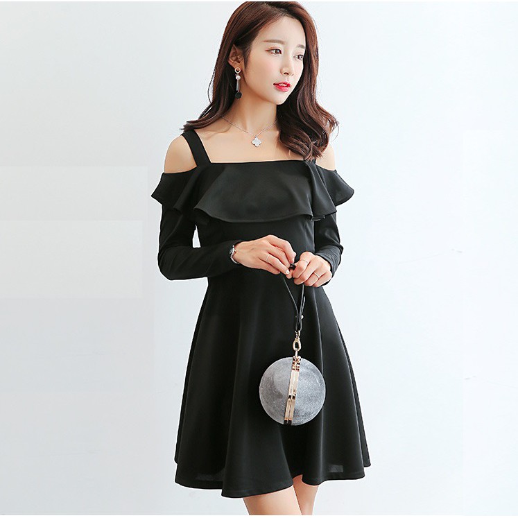 Đầm dự tiệc trễ vai phối bèo sang trọng thời trang nữ dự tiệc dạ hội dạo phố