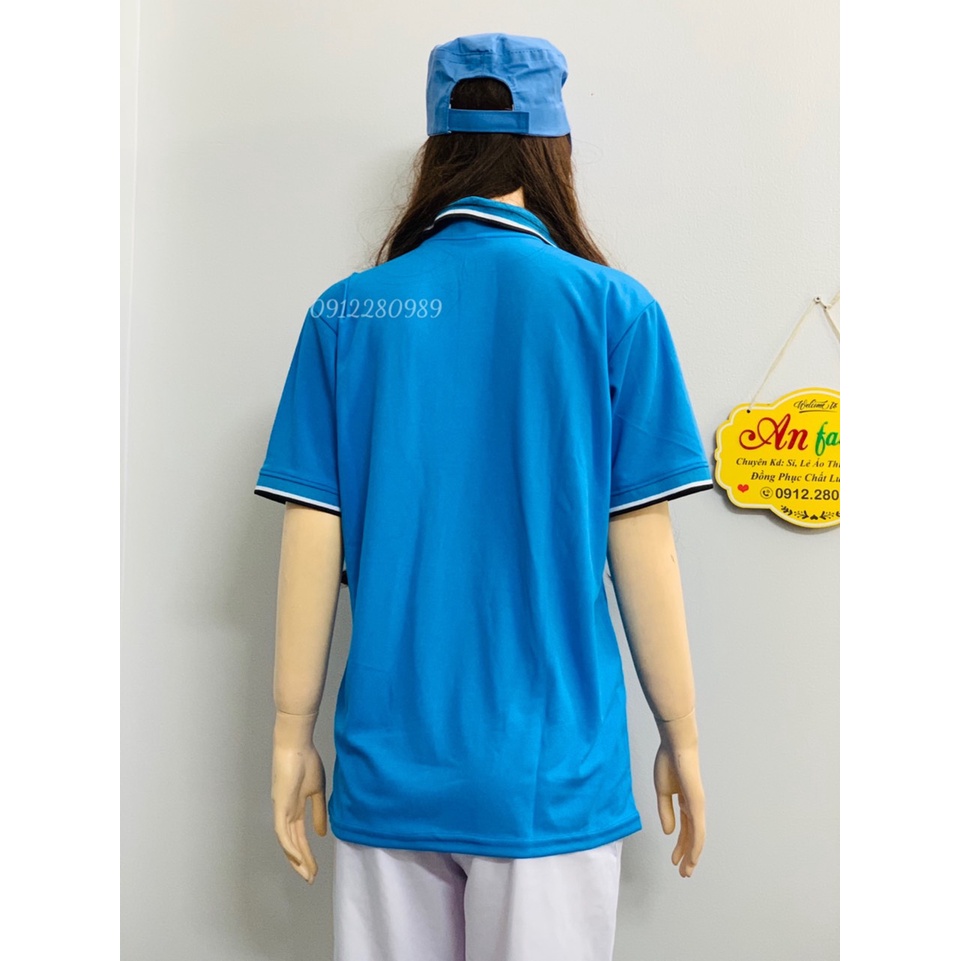 Áo thun có cổ màu xanh nhạt vải cá sấu mè nhẹ mát cho nam nữ _ Hình chụp thật