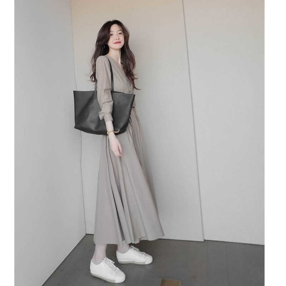 Đầm Dài Màu Xám Thiết Kế Chiết Eo Phong Cách Pháp Thời Trang Xinh Xắn Cho Nữ