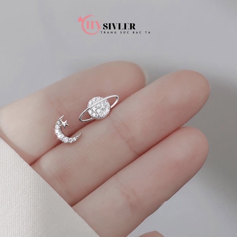 Bông tai bạc ta vũ trụ trăng sao đính đã nữ tính đơn giản nhẹ nhàng bông tai nũe bạc thật giá rẻ
