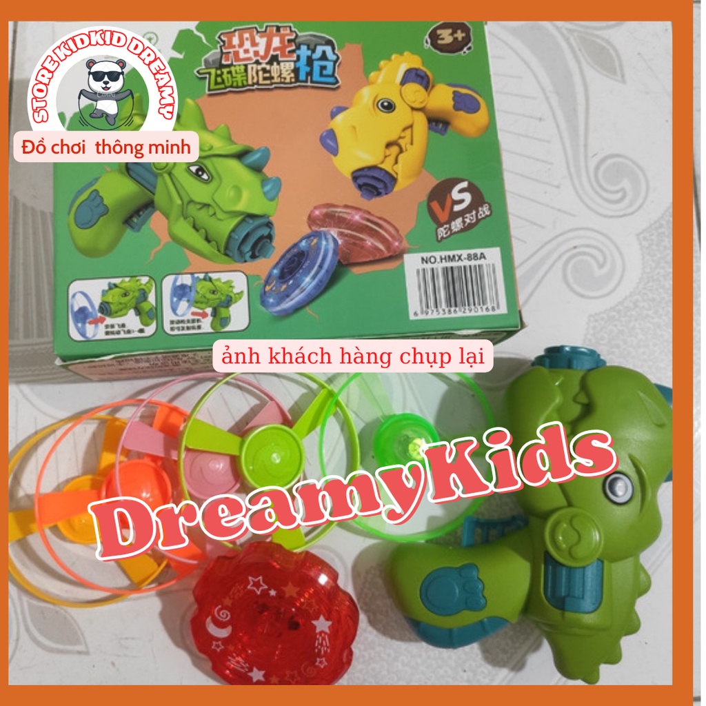 Đồ chơi máy bắn chong chóng, sung bắn con quay khủng long phát sáng chơi cực dễ, mua là mê.