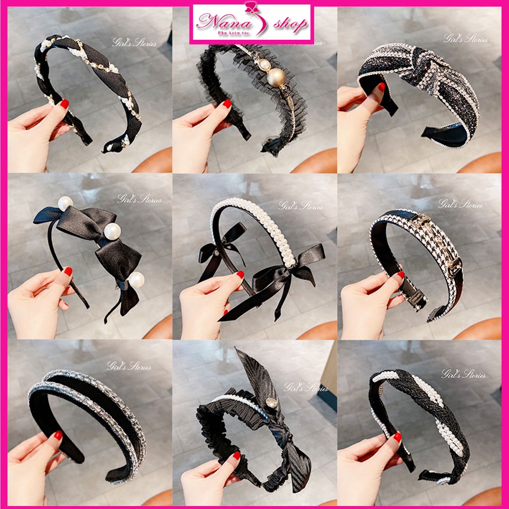 Bờm tóc đính đá đen ngọc trai nhân tạo cao cấp xinh xắn phong cách Hàn Quốc tiểu thư cute dễ thương NaNa Shop