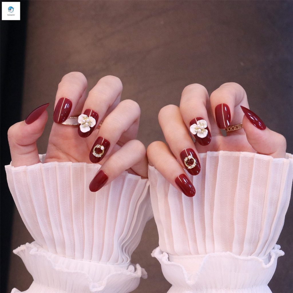 [Hàng mới về] Set 24 móng tay giả dáng ngắn họa tiết hoa màu đỏ hồng thời trang xinh xắn cho nữ