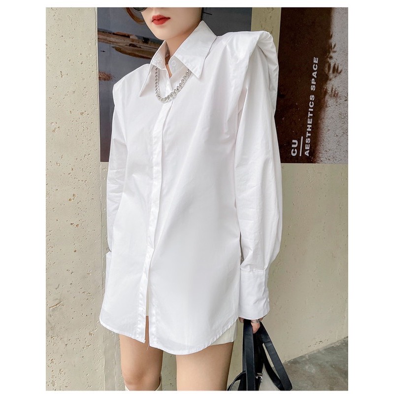 Áo sơ mi dáng dài độn cầu vai koreastyle