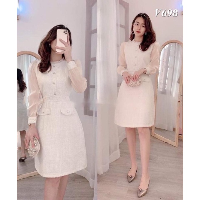 VÁY/ĐẦM DẠ TAY TƠ OGANZA PHỐI CÚC NGỌC DÁNG DÀI 2 LỚP HÀNG LOẠI 1 | BigBuy360 - bigbuy360.vn