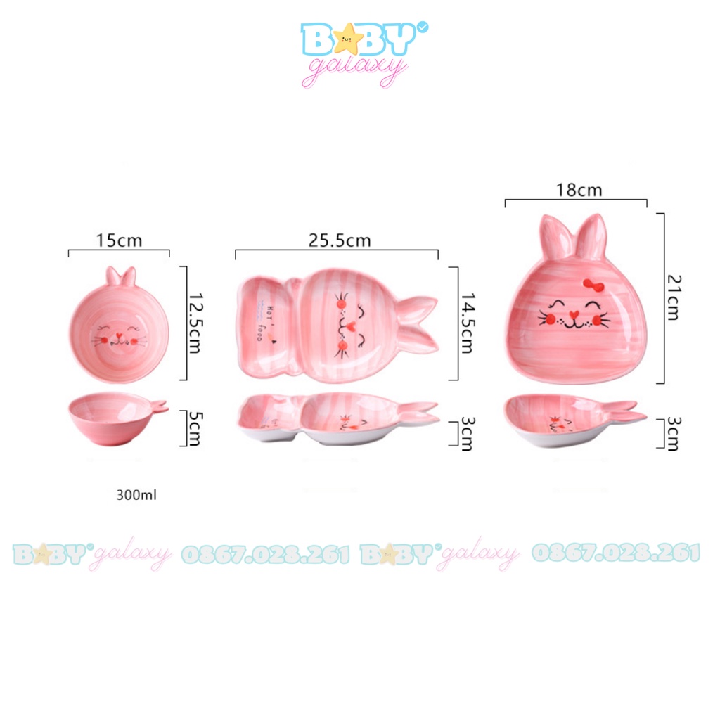 Bộ Bát Đĩa Decor Gốm Sứ Hình Thỏ Dễ Thương, Chén Bát Ăn Dặm Con Thỏ Cho Bé - Baby Galaxy Official
