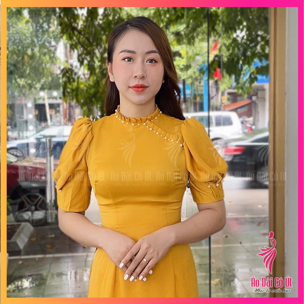 Áo Dài Lụa Tây Thi Cổ Xếp Ly Tay Bồng Đính Hạt Hàng May Sẵn