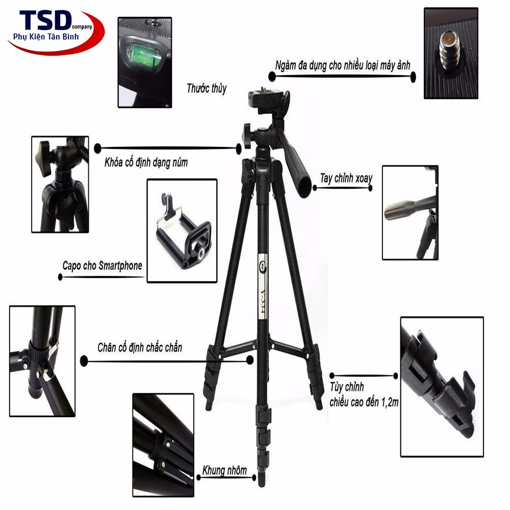 Combo Gậy Chụp Hình Tripod 3 Chân Thân Nhôm TF 3120 Cho Điện Thoại, Máy Ảnh Tặng Kèm Remote