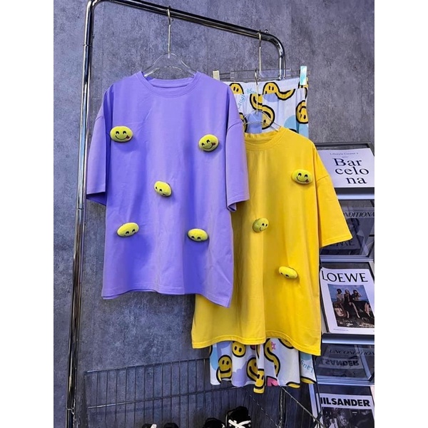 Set áo cotton đính mặt cười quần suông gân R6