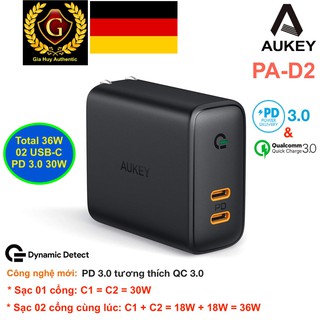 Adapter sạc 2 cổng USB-C Power Delivery 30W Aukey PA-D2