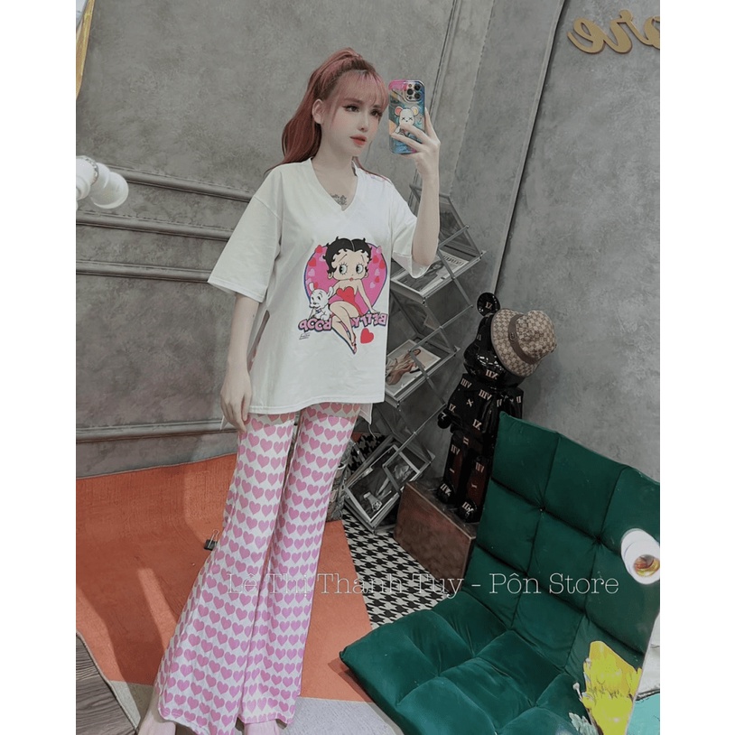 (Free Ship) SÉT BỘ NỮ ÁO THUN CÔNG CHÚA HỒNG PHỐI QUẦN TRÁI TIM ỐNG LOE SIU SANG CHẢNH MM7 HHp Fashion