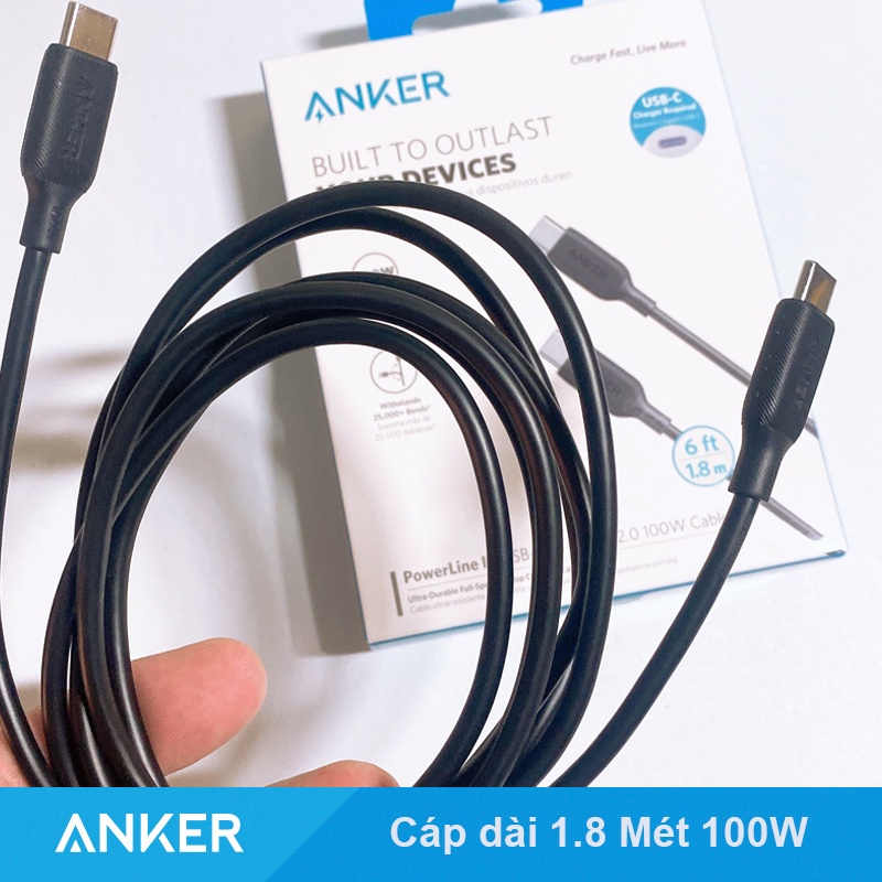 Cáp ANKER PowerLine III Type C to C 1.8 Mét 100W  A8856 Sạc cho Laptop Macbook Air Pro M1 61W 65W 87W Chính Hãng 2 Mét