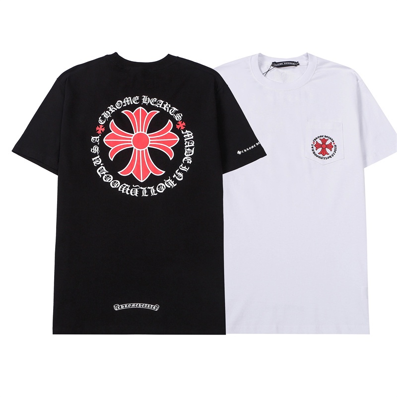 Áo Thun Mềm Tay Ngắn In Chữ Thập Đỏ Chrome Hearts Round Cross Sanskrit Chất Lượng Cao Thoải Mái Cho Cặp Đôi