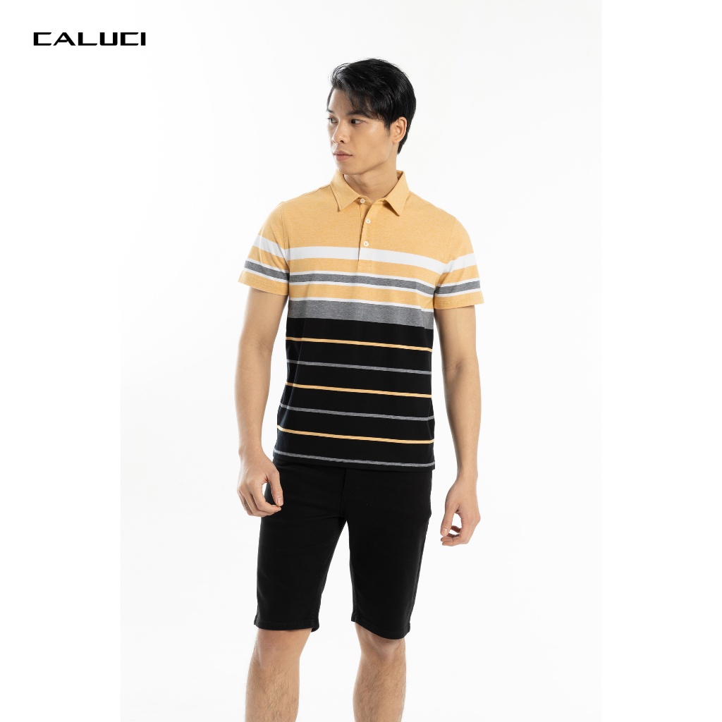 Áo polo nam CALUCI thiết kế cổ đức, dáng suông nhẹ, họa tiết kẻ ngang, chất liệu vải mềm mại và co dãn tốt MPS209R