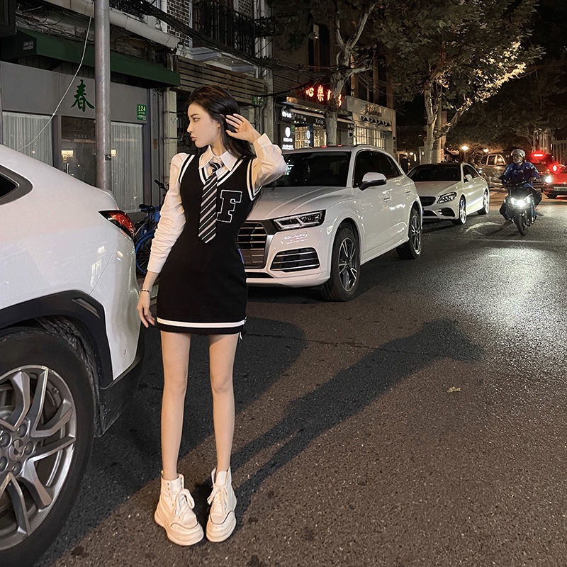 Đầm Sơ Mi Dài Tay Màu Sắc Tương Phản Thời Trang Thu Đông Phong Cách Châu Âu