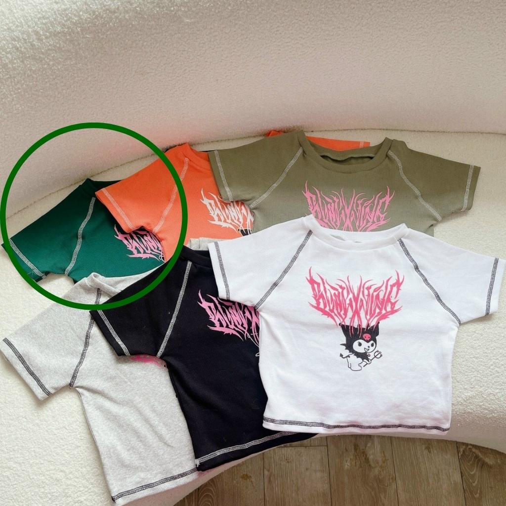 Áo croptop nữ ngắn tay viền chỉ Xquin Áo kiểu nữ thêu hình chuột chất thun gân mềm mịn