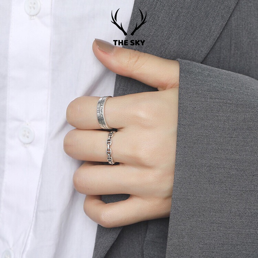 Nhẫn Bạc Nữ THE SKY NB10 Mẫu Trơn Bản To Khắc Số La Mã Freesize
