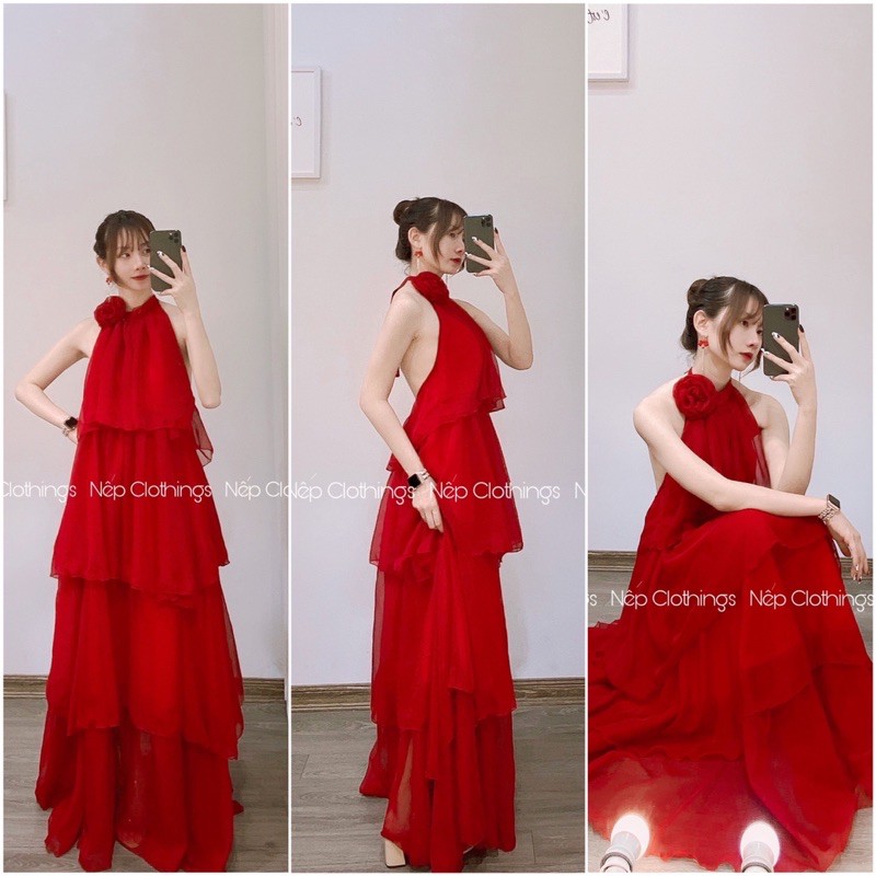 Váy maxi cổ yếm tầng kèm hoa