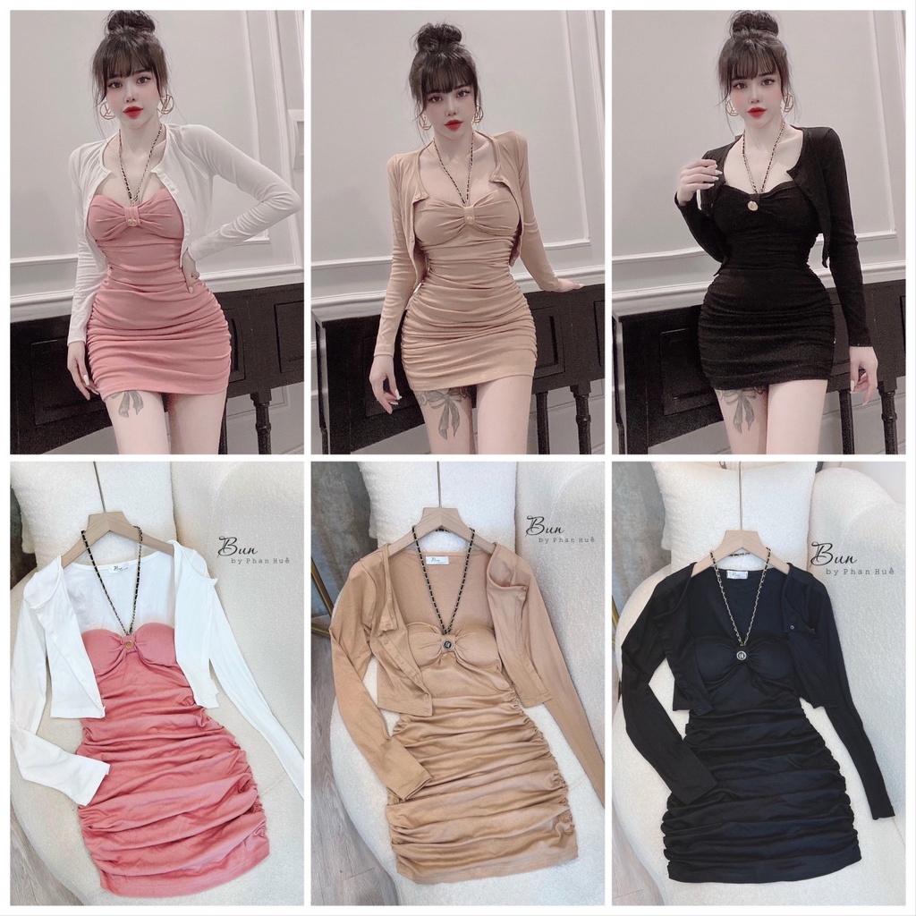 Set Đầm Body Dây Xích Kèm Áo Khoác Cách Điệu