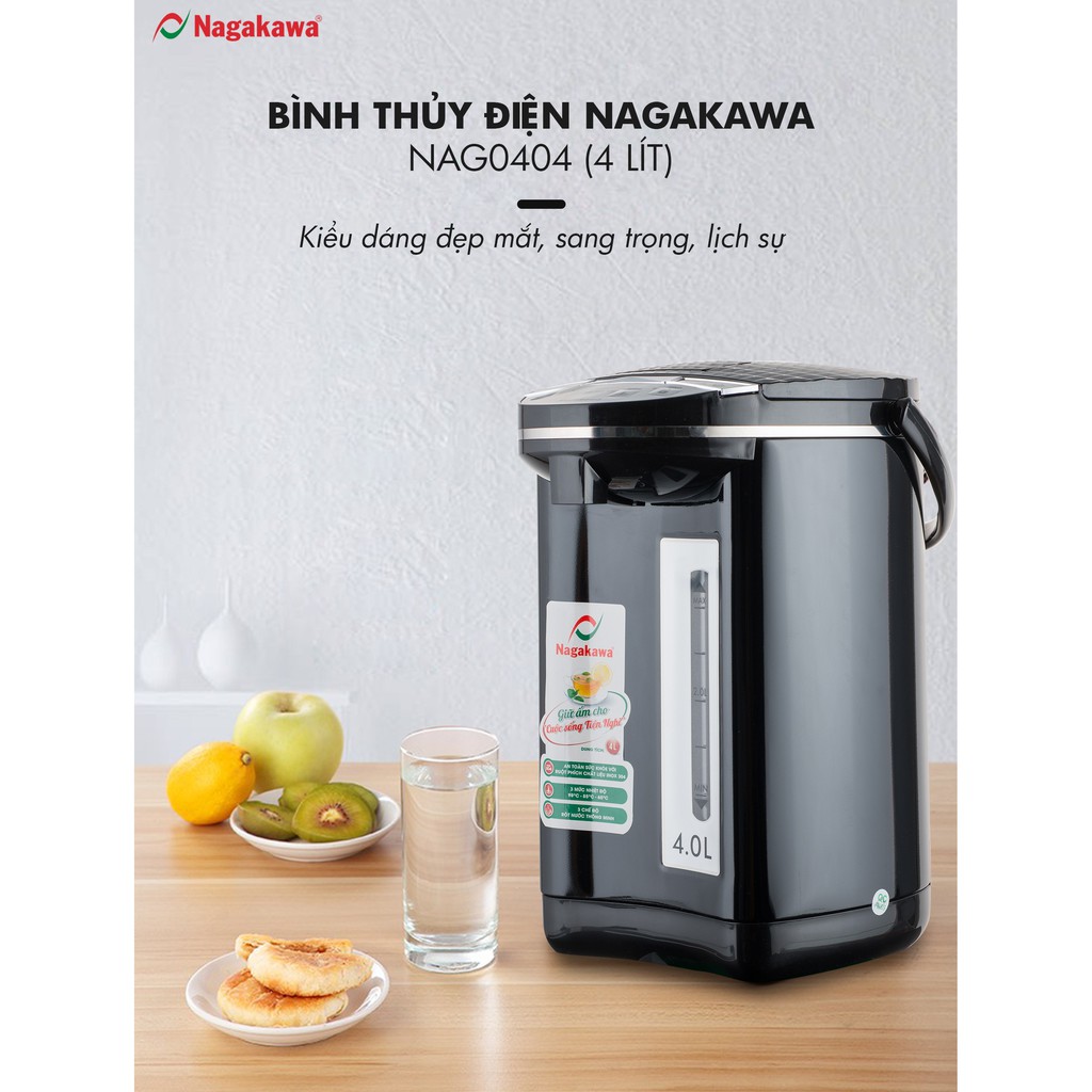 Bình thủy điện 4 lít Nagakawa NAG0404 Công suất 750W, đun sôi nhanh, có thang đo mức nước