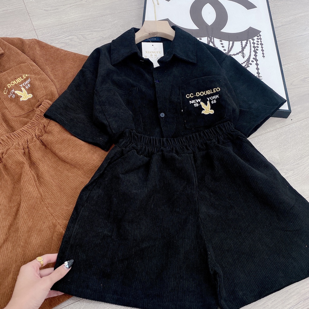 Set sơ mi nhung tăm thêu chữ mix quần short đùi BN200