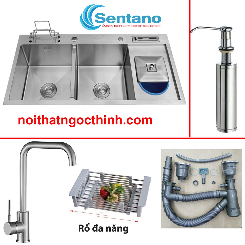 Chậu rửa chén đúc SENTANO kích thước 100x48cm có kệ dao thớt, hộc rác kèm theo vòi rửa chén, bình xà bông cao cấp