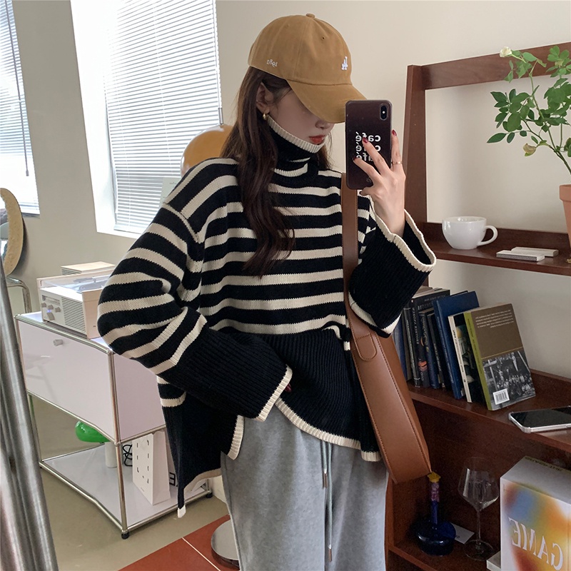 621558#Áo Sweater Dệt Kim Tay Dài Cổ Lọ Dáng Rộng Xẻ Tà Thời Trang Thu Đông 2022 Mới