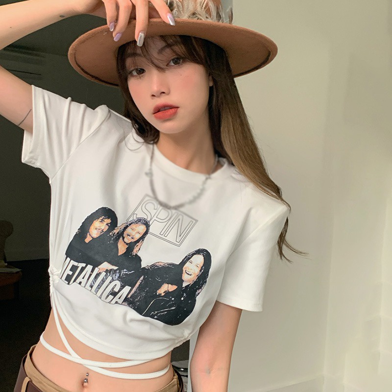 Áo Thun Croptop Cổ Tròn Tay Ngắn Dáng Ôm Cột Dây In Họa Tiết Thời Trang Hàn Quốc Cho Nữ