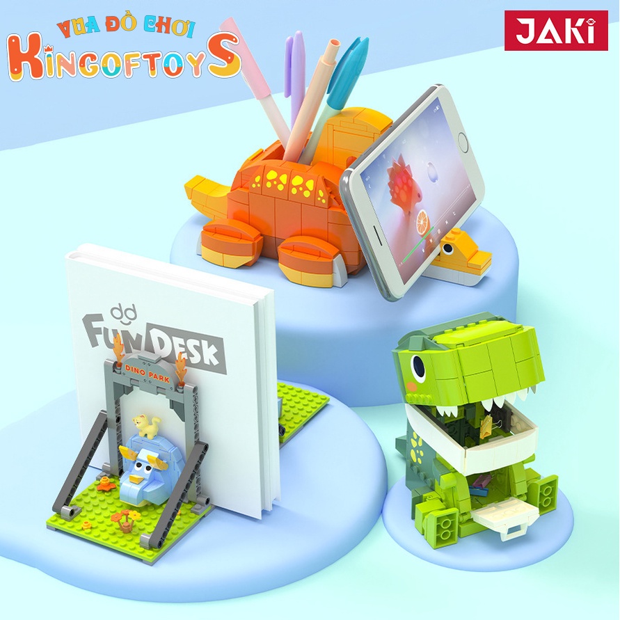 Đồ Chơi Lắp Ráp Kiểu Lego Mô Hình Khủng Long T-REX DINOSAUR JAKI Kiêm Hộp Đựng Bút, Khung Ảnh Để Bàn, Giá Đỡ Sách