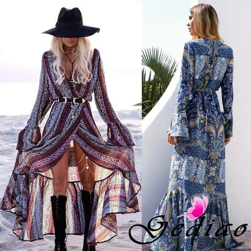 Đầm maxi chiffon dài tay xẻ tà phong cách bohemian thanh lịch dành cho nữ