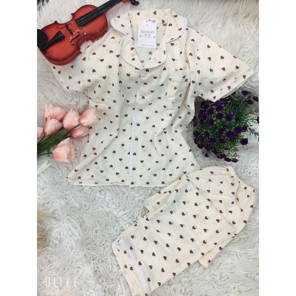 Đồ bộ mặc nhà, Pijama tay ngắn quần dài, quần ngắn cổ Vest xốp đũi hàn Freesize 40-60kg