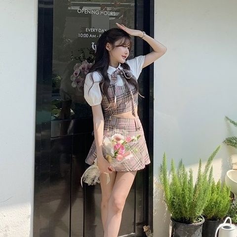Bộ Áo Sơ Mi Giả Hai Mảnh + Chân Váy Đồng Phục Xếp Ly Sọc Caro Thời Trang Mùa Hè Cho Bạn Gái