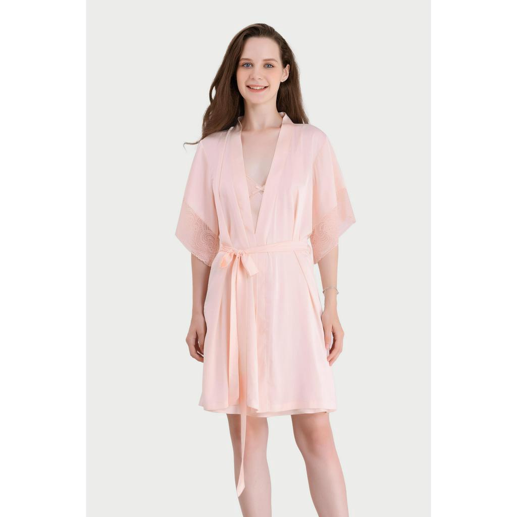 Áo khoác Kimono Vera Satin trơn phối Ren - V0455