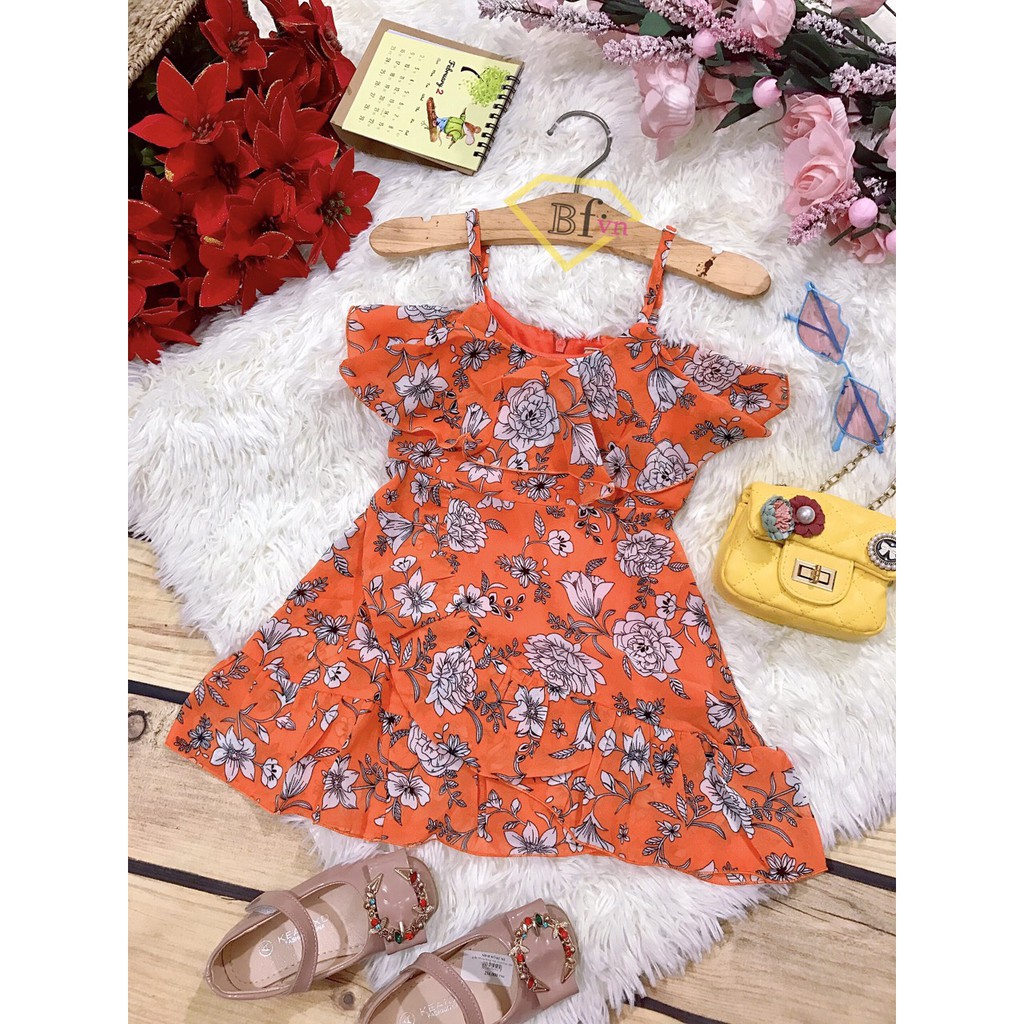 ĐẦM VOAN HAI DÂY XINH MÀU CAM CHO BÉ TỪ 28-45KG*thời trang trẻ em Sumikid BFVN*váy đi biển mùa hè cho bé
