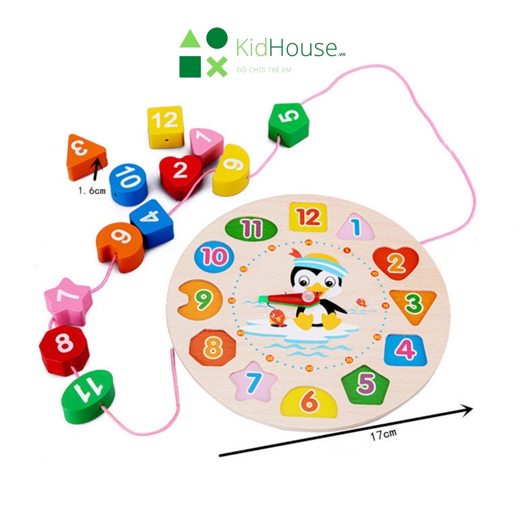 Đồ chơi gỗ montessori đồng hồ hình khối chim cánh cụt thông minh giúp bé học tập KidHouse.vn