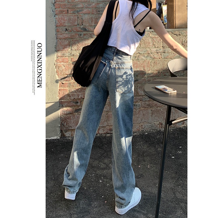 Quần Jean Ống Suông Lưng Cao Lệch Chéo Cạp Ullzzang Hot Taobao Order Chất Bò Xanh Nhạt MSC3B