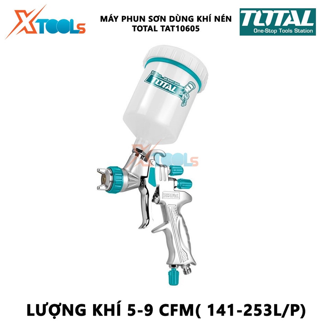 MÁY PHUN SƠN DÙNG KHÍ NÉN TOTAL TAT10605, súng phun sơn dùng khí nén 1.3mm, dung tích bình 600cc, áp suất 2bar