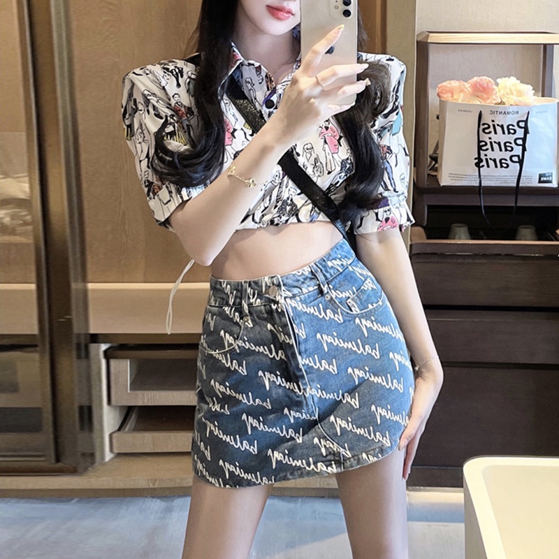 Chân Váy Denim Lưng Cao In Chữ Thời Trang Mùa Hè Mới Cho Nữ