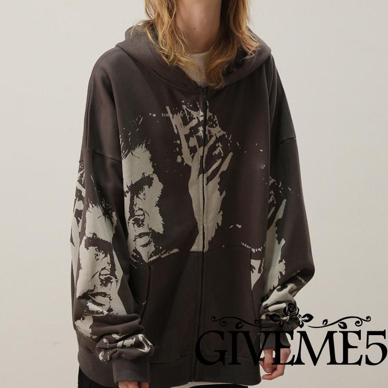 Áo hoodie tay dài có khóa kéo ngoại cỡ in hình chân dung thời trang cho nữ