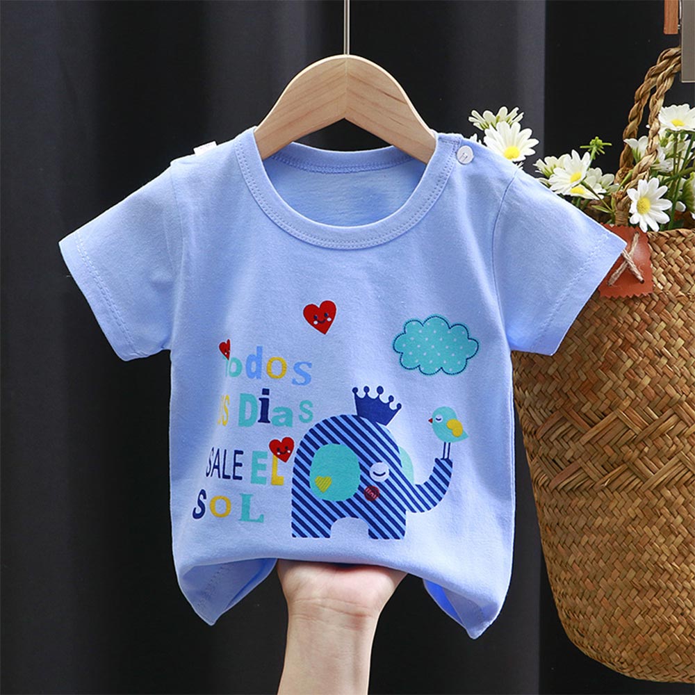 Áo Thun Cotton Cổ Tròn Tay Ngắn In Hình Động Vật Dễ Thương Thời Trang Mùa Hè Cho Bé