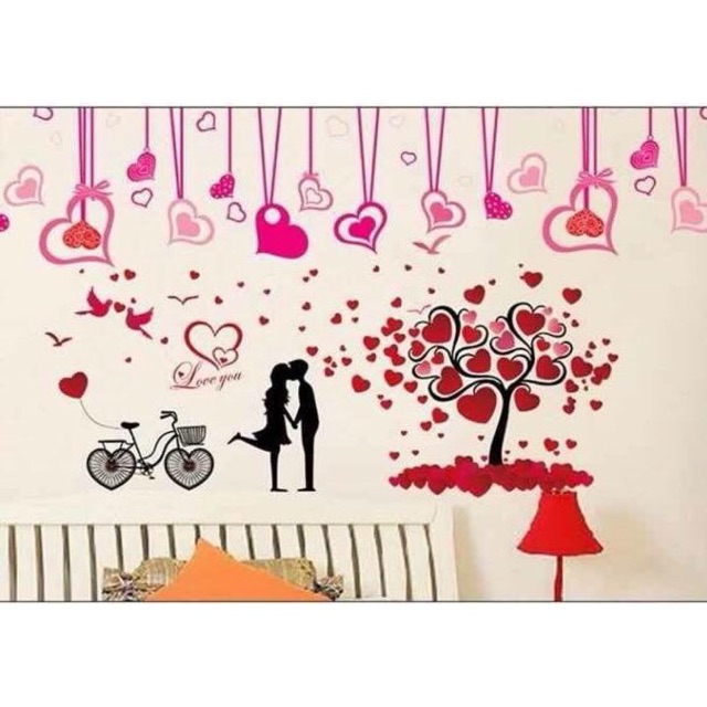 Bộ kết hợp 2 decal trang trí tường - Cây Tình Yêu và Dây Trái Tim Hồng ( 2 tấm )